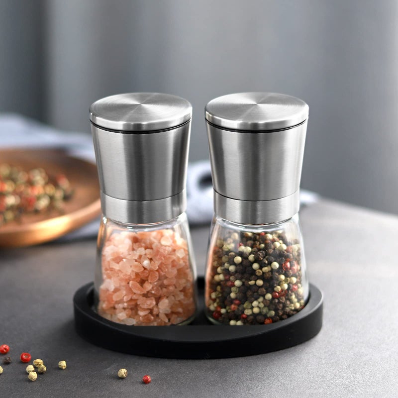 VEVOK CHEF Salt and Pepper Grinder Set Stainless Steel Adjustable Coarseness Ceramic Pepper Mill Salt Crusher with Silicone Tray Salt and Pepper Shaker Spice Grinder Kitchen - Image 4